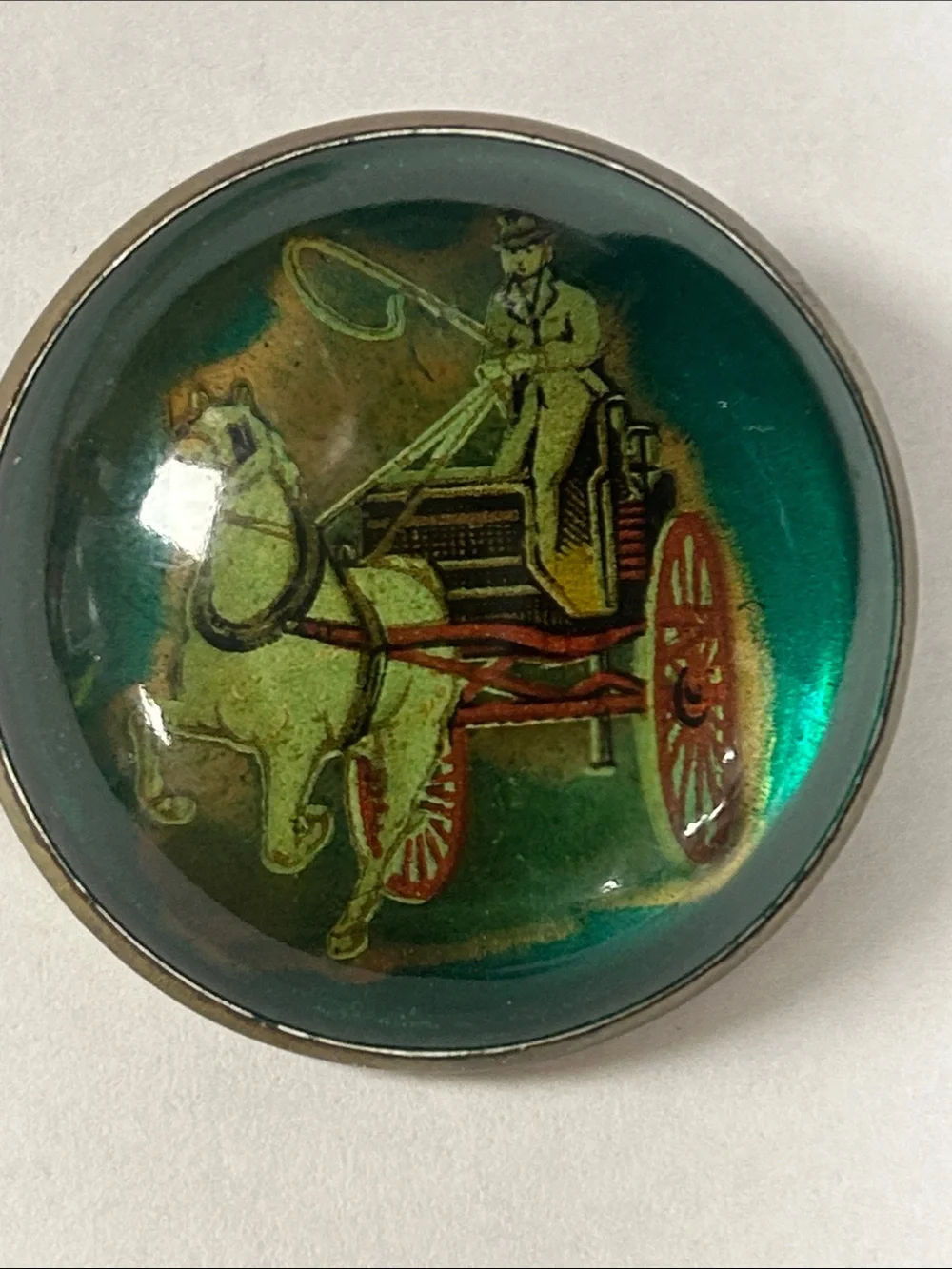 Vintage Green Horse & Carriage Glass Bridle Brooch